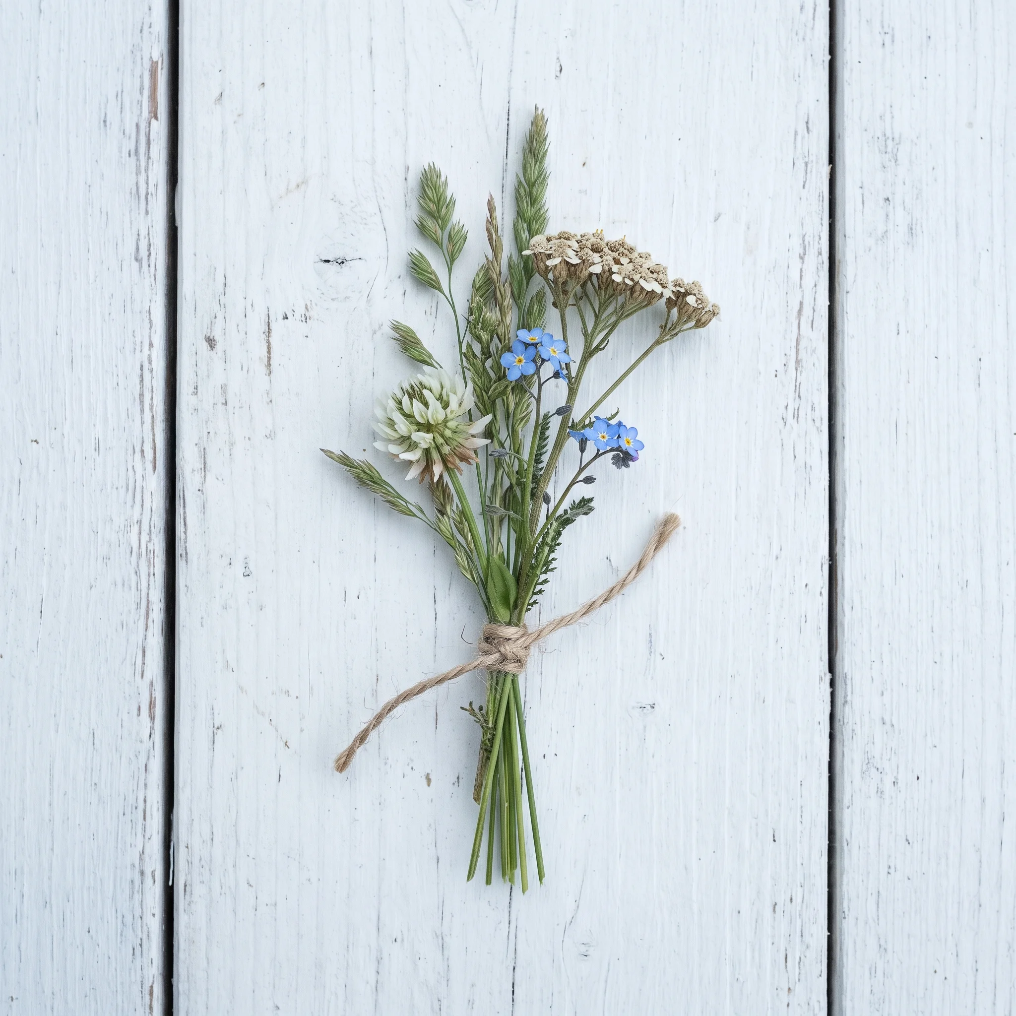 A single buttonhole of scabious and a seed head tied with brown string, lying on bare white wood