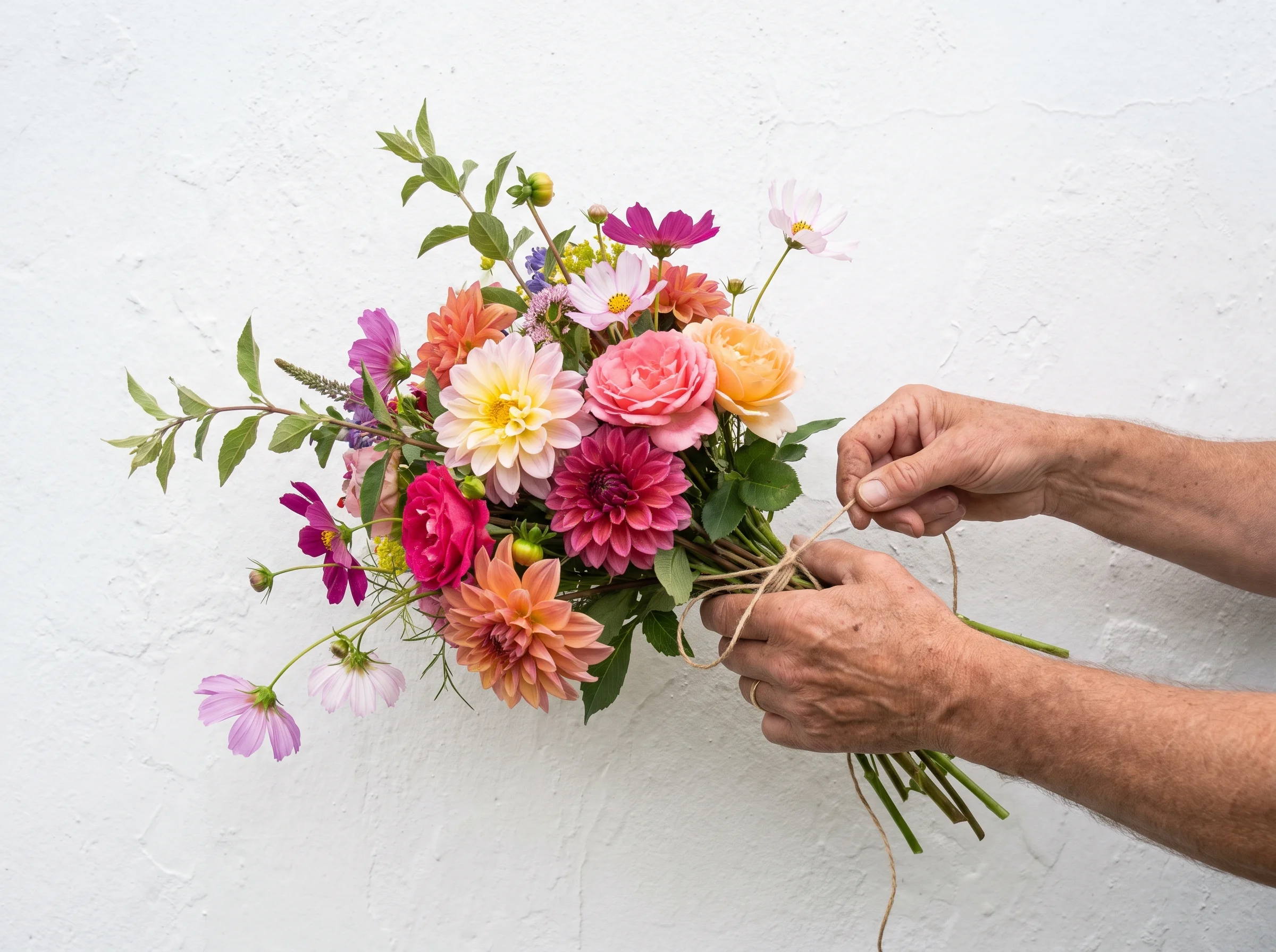 Hands pulling brown string tight around a bright mixed bunch of dahlias, rudbeckia and rosehips against a white wall