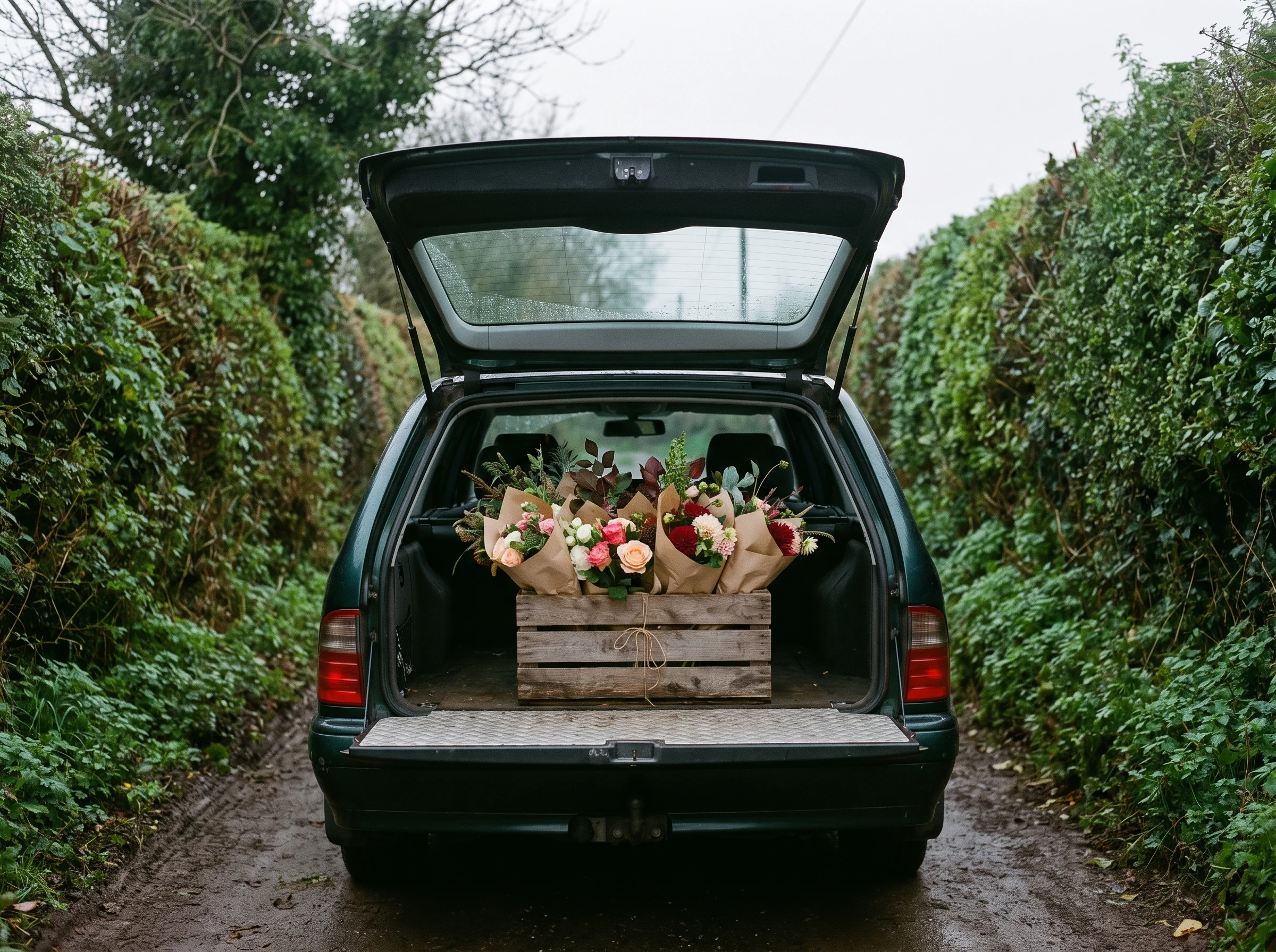 A crate of flower bunches wrapped in brown paper on a car tailgate, in a narrow hedged lane toward Dartington on a grey morning