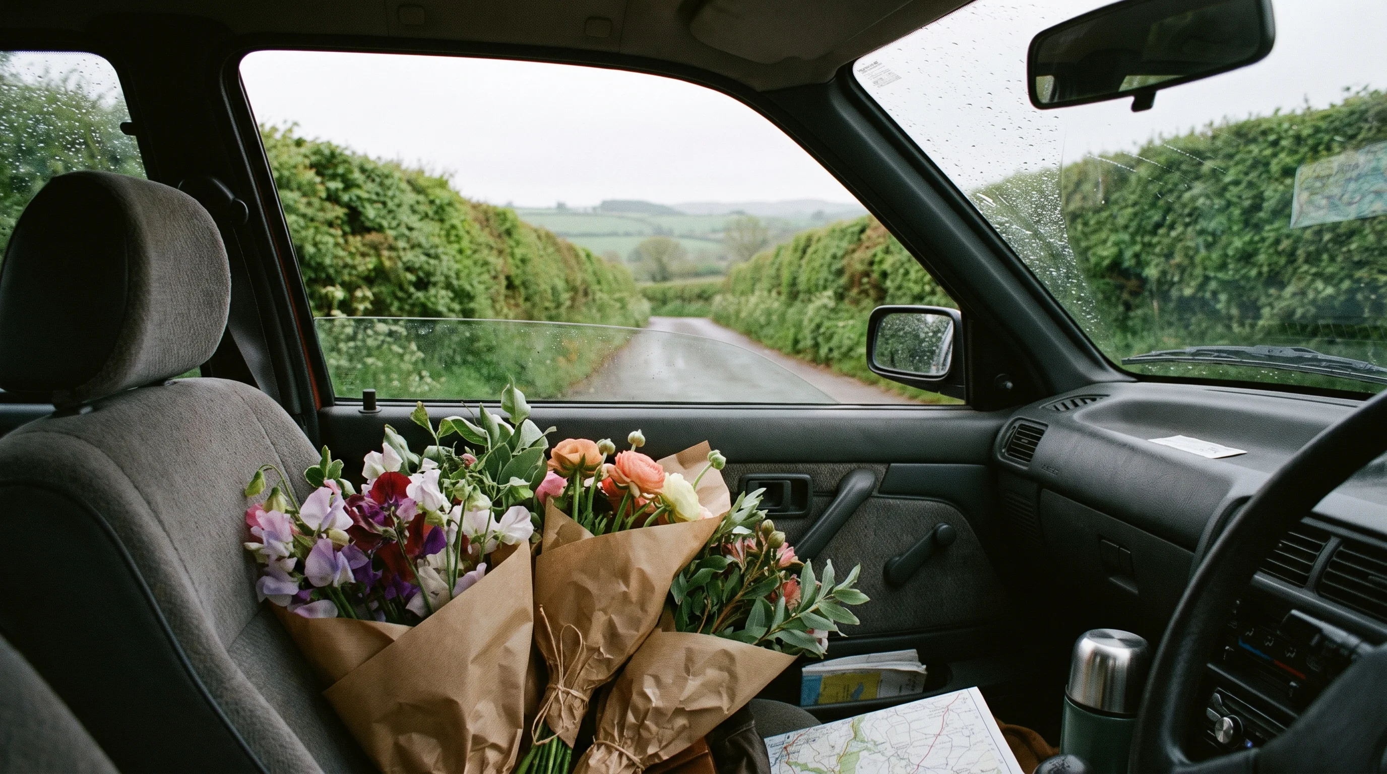 A narrow hedged lane toward Dartington on a grey morning, seen from inside a car with wrapped bunches of flowers on the passenger seat