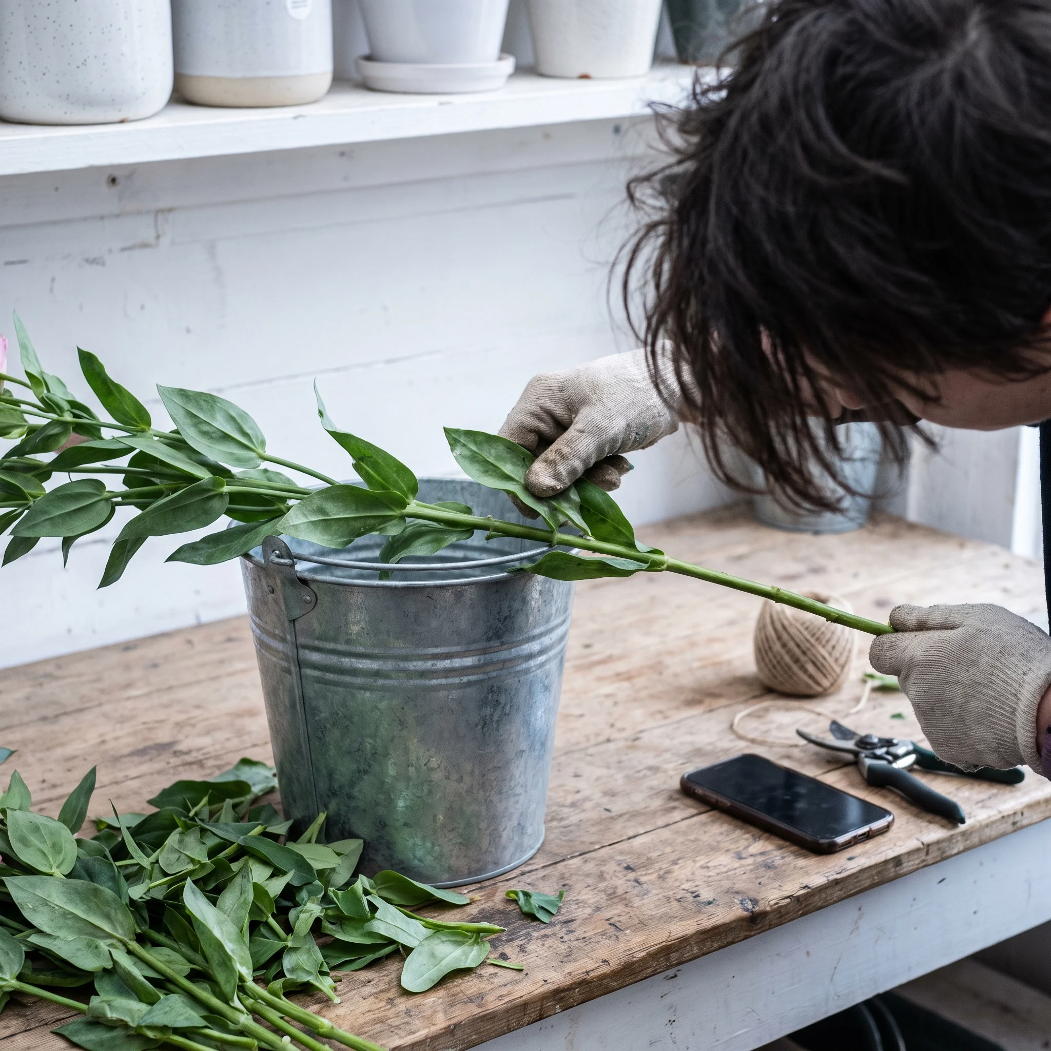 Hands stripping leaves from a dahlia stem over a galvanised bucket, a phone lying face-down on the bench