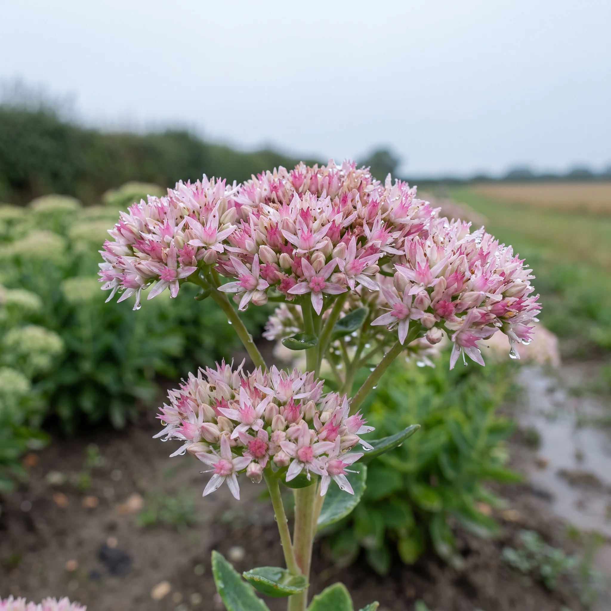 Close detail of a dusty pink stonecrop head over grey-green leaves in the cutting field, dew on the leaves