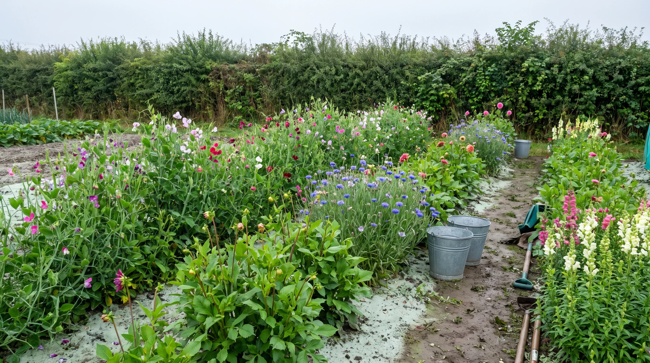 Rows of dahlias and cosmos on an allotment early in the morning, dew on the leaves, with a Devon hedge behind