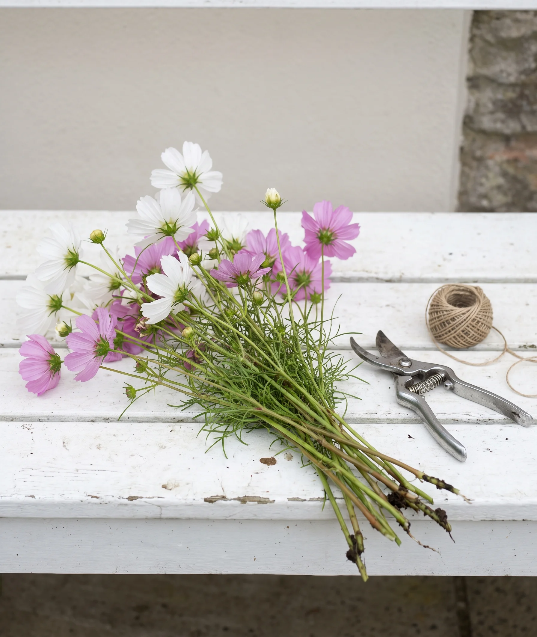 A handful of white and pale pink cosmos on long stems laid on a white bench
