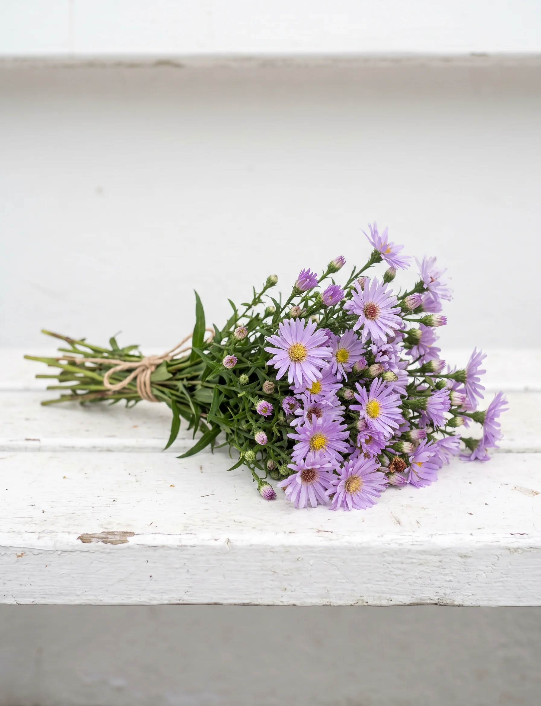 A bunch of small lilac Michaelmas daisies tied with brown string on a white bench
