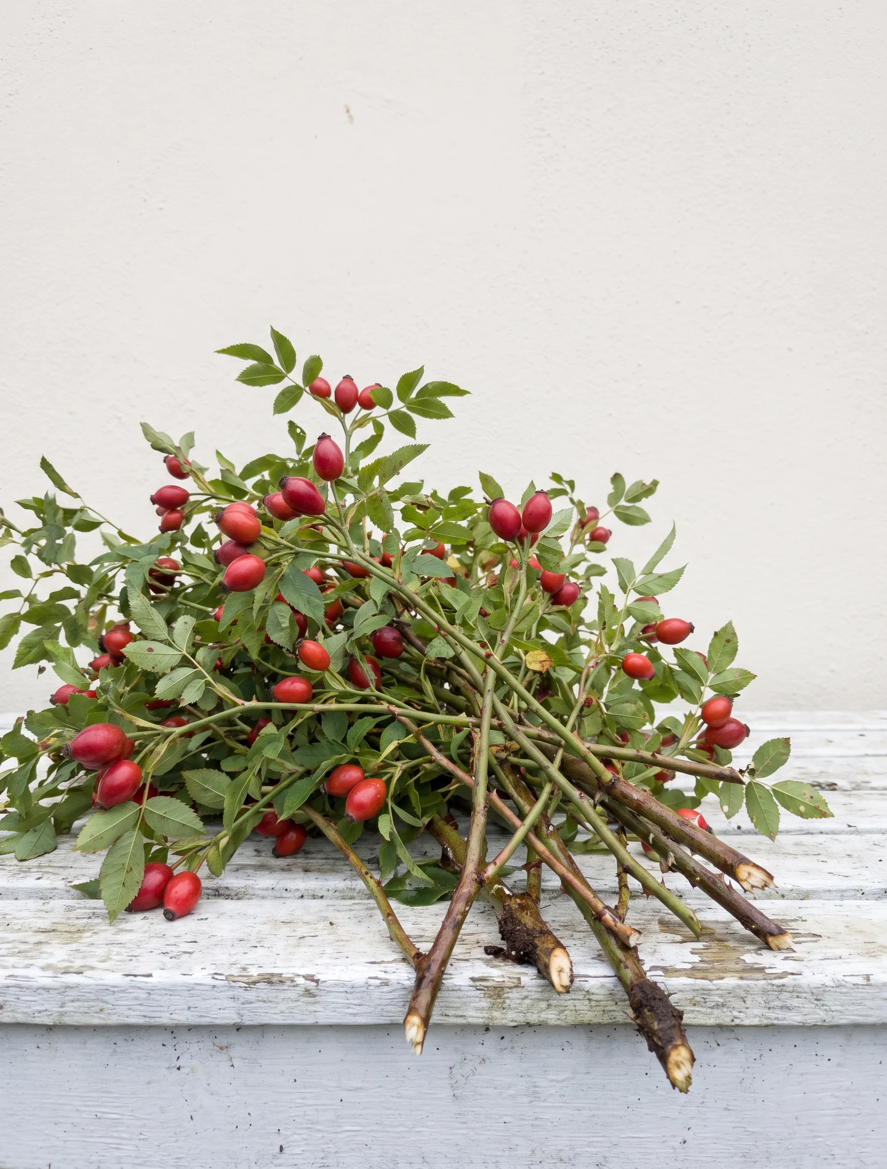 Branches of orange-red rosehips with a few yellowing leaves laid on a white bench