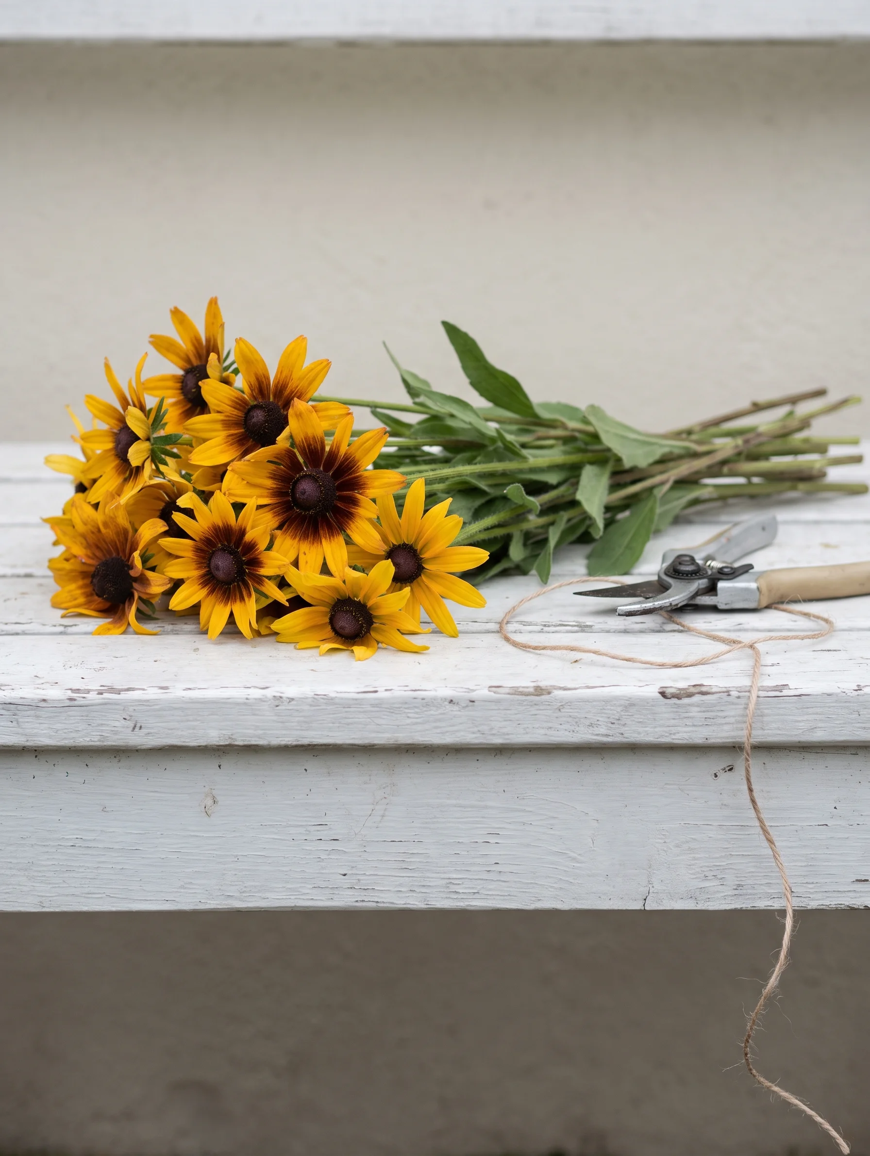 Five rusty-gold rudbeckia stems with dark centres laid on a white bench