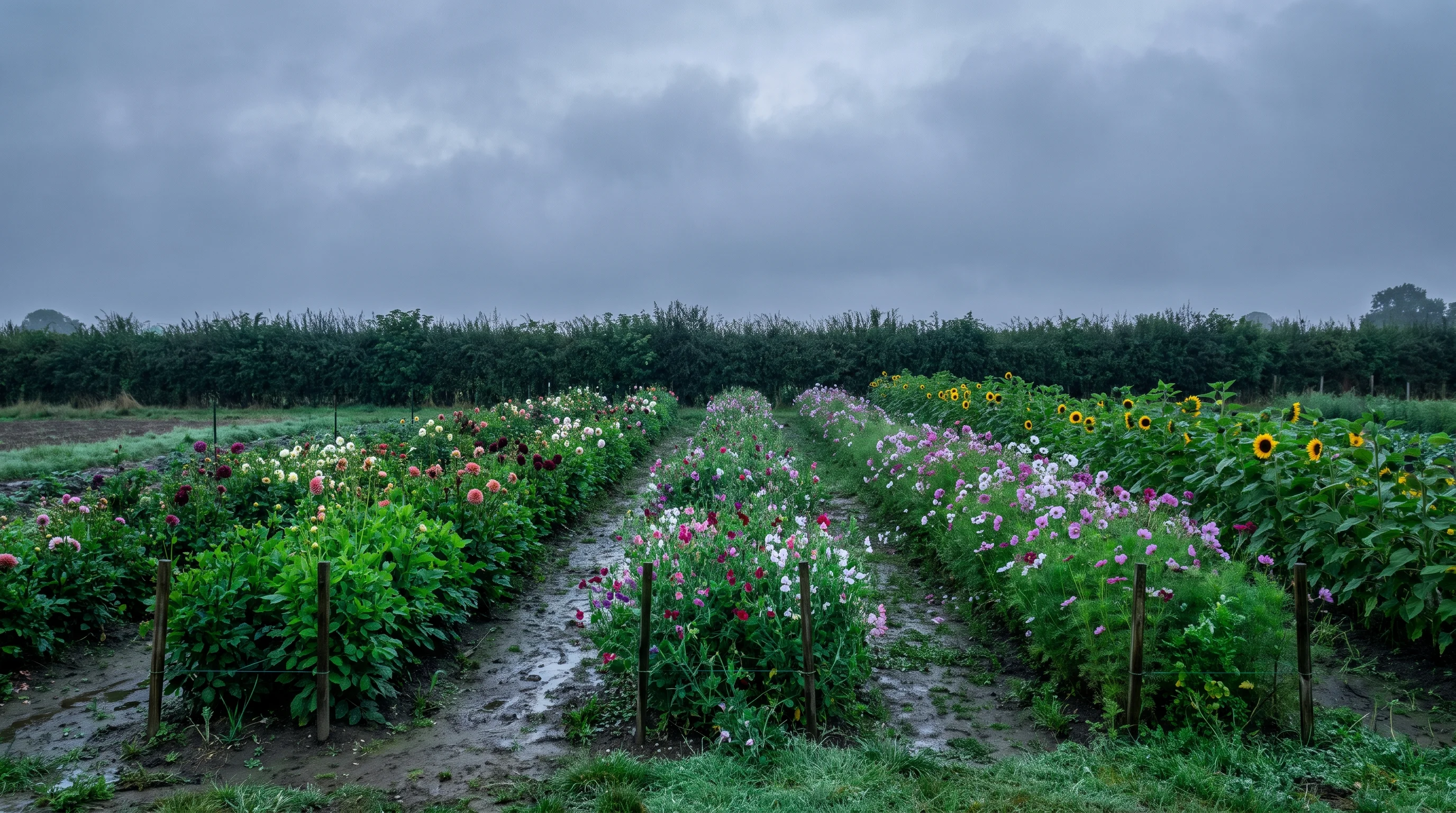 Rows of cutting flowers in a field at dawn with dew on the leaves, a Devon hedge and a grey sky behind