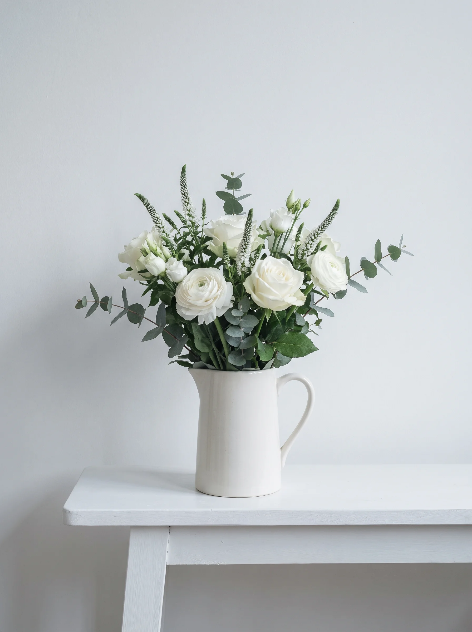 A calm arrangement of white and green flowers in a plain pale jug on a bare white bench