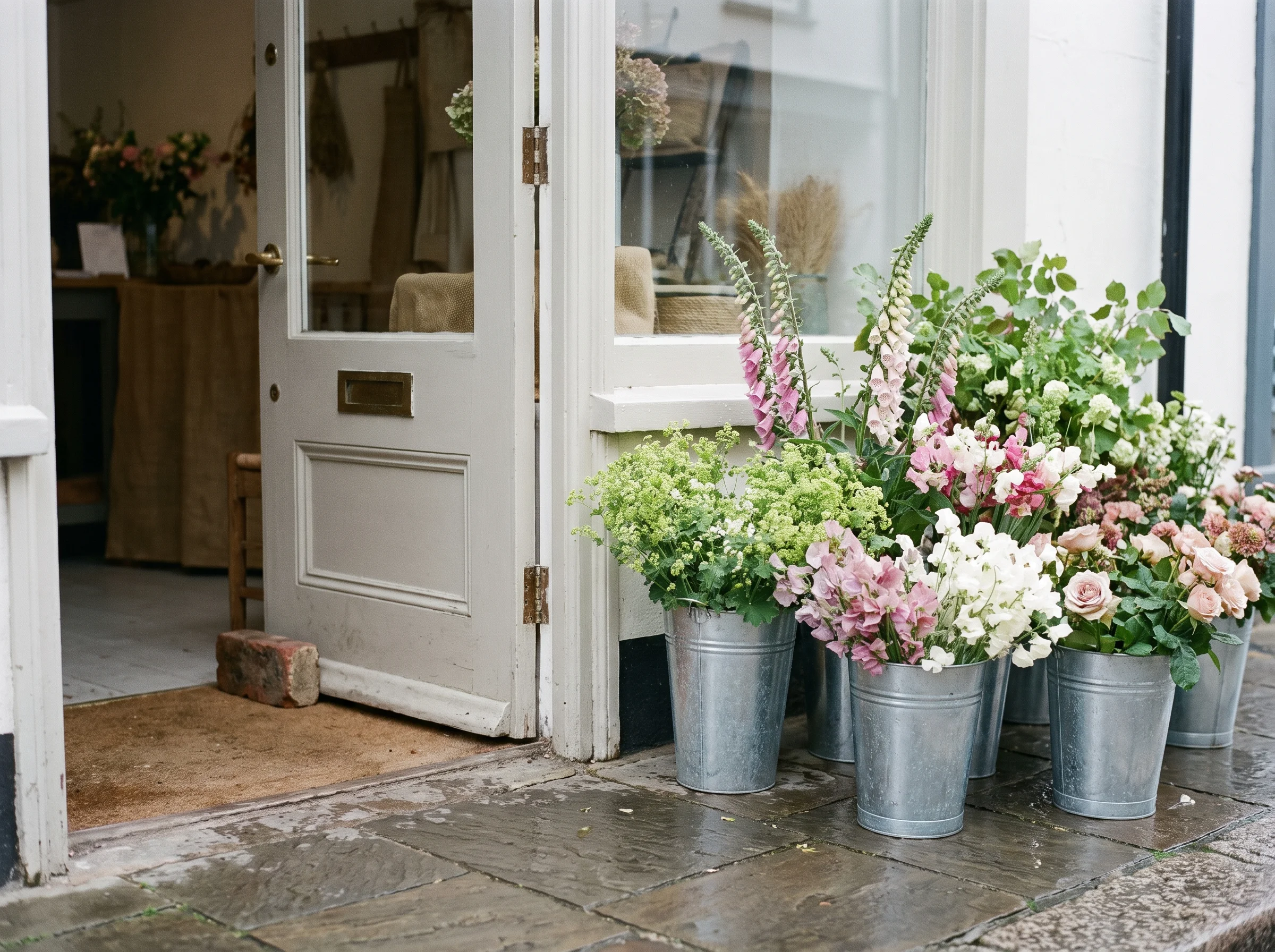 The shop door propped open onto the pavement, with galvanised buckets of flowers standing outside
