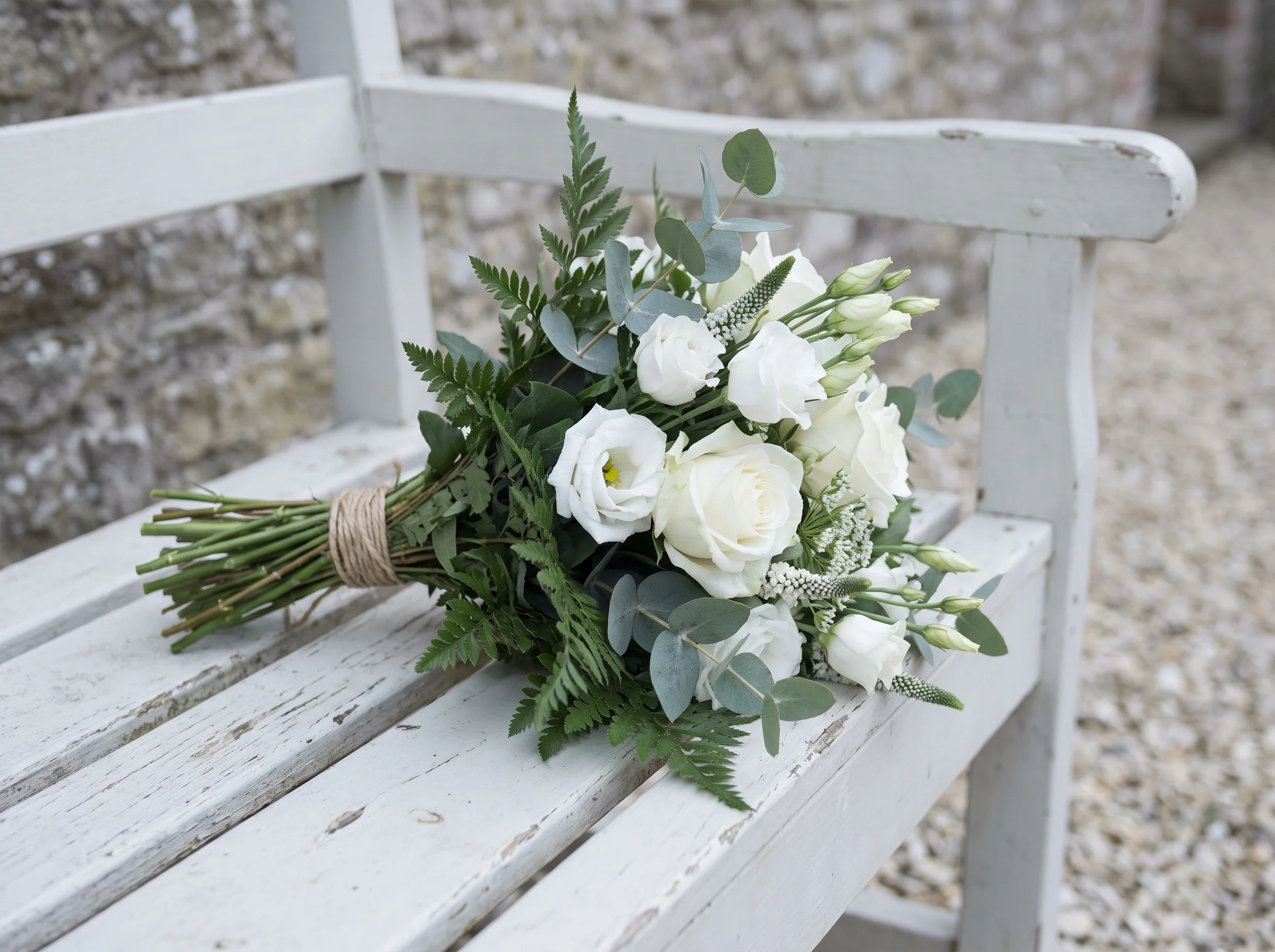 A quiet white and green posy lying on a bare white bench.