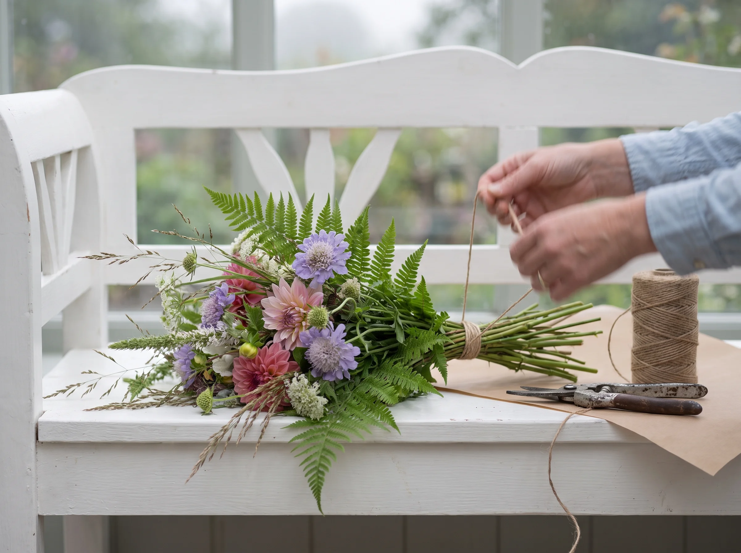 Hands tying a bunch of garden flowers with brown string over brown paper on a shop bench