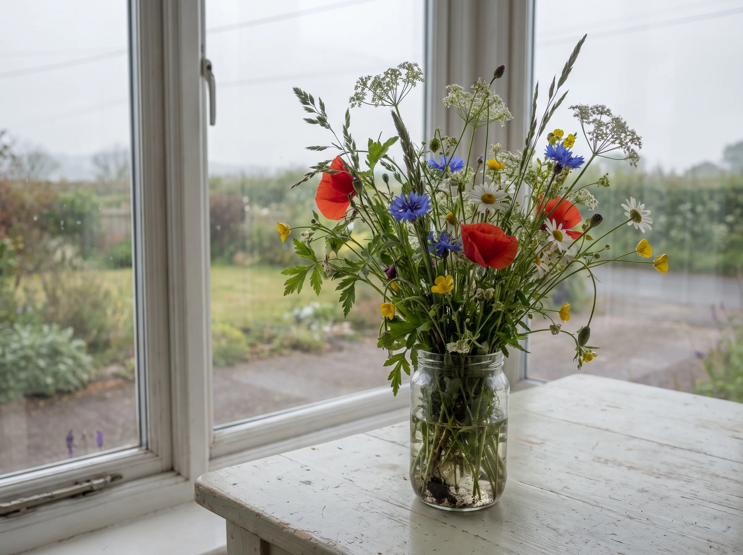 A jam jar of scabious, cosmos and grasses on a pale kitchen table beside a window